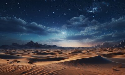 A breathtaking desert landscape under a starry night sky, with a small cluster of stars visible in the sky.