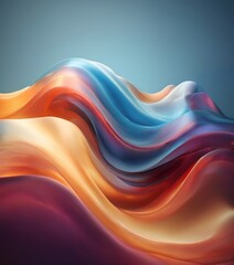 vibrant abstract composition of fluid, wave-like shapes in a gradient of warm colors, including orange, yellow, pink, blue, and purple, against a blue background.