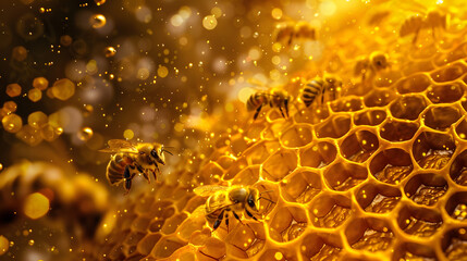 Futuristic beehive interior and hexagonal cells operating as quantum computers and pollen particles transmitting information 