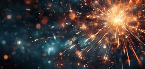 Fototapeta premium A vibrant burst of light and color, resembling a fireworks display, fills the frame, with a dark background and scattered sparks and particles.