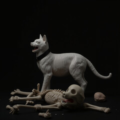 white bengal cat and skeleton