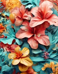 Fototapeta premium a vibrant and colorful floral arrangement, featuring a variety of flowers in shades of orange, pink, and yellow, with some blue and green accents.