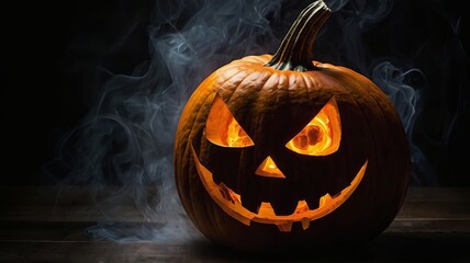 Close-up jack-o-lantern with a carved, glowing face dark background with a smoke. Halloween greeting card
