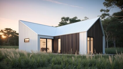 Fototapeta premium contemporary house with a unique angular design, characterized by sharp lines and a slanted roof.