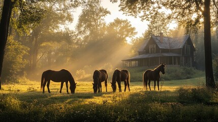 Naklejka premium Horses graze forest house. Generative AI