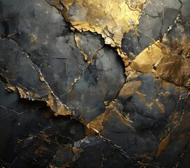 a close-up view of a textured surface with a dark, cracked, and uneven appearance. The surface is adorned with gold accents that stand out against the dark background.