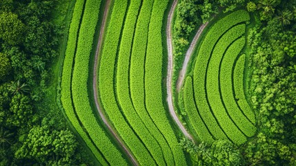 Fototapeta premium Aerial view of lush green rice paddies in a rural landscape.