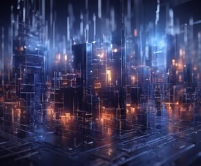 Fototapeta premium futuristic cityscape, characterized by a complex network of interconnected buildings and structures, illuminated by a myriad of lights and glowing with a futuristic ambiance.