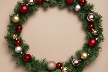 Festive Holiday Wreath and Christmas Bulb on Neutral Background for Seasonal Decor