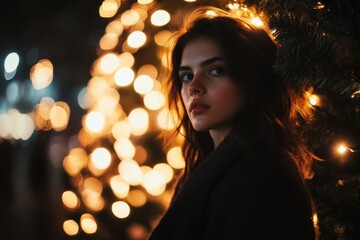 Woman in cozy coat posing by festive lights on a winter night