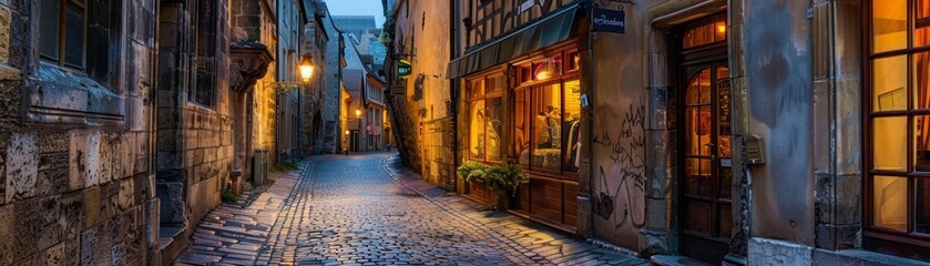 Fototapeta premium Historic city alley at dusk, HDR warmth, inviting glow