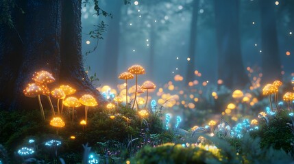 Obraz premium Glowing Mushrooms in a Magical Forest