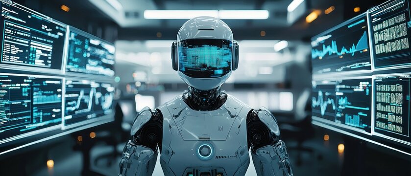 A conceptual 3D robot actively engaged in program trading within a digital environment. The robot stands amidst floating holographic data screens and charts, representing high-speed financial