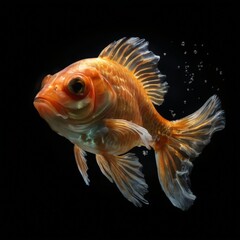 Fototapeta premium A close-up of a vibrant orange goldfish with a large, expressive eye and fins, set against a dark background with small bubbles.
