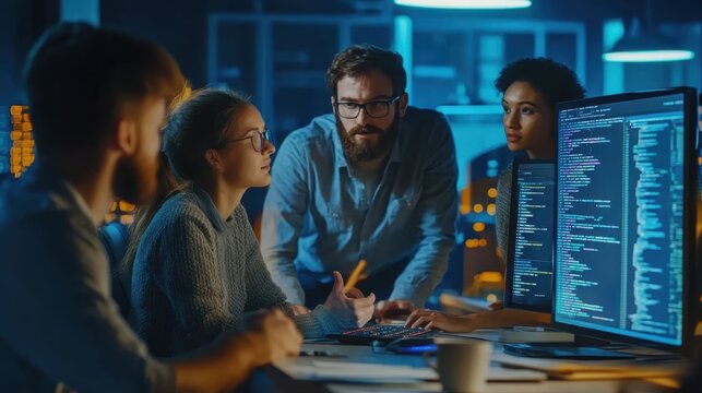 A team of software engineers discussing app development strategies around a digital table.