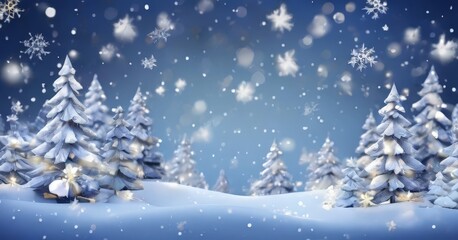 A serene winter scene with snow-covered pine trees and falling snowflakes against a dark blue background.