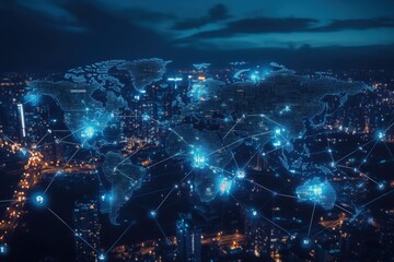 Digital world map with global connections illuminated over a cityscape, showcasing network technology and international communication