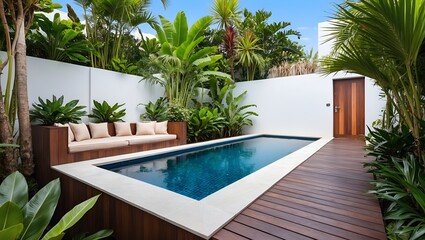 The pool is surrounded by lush green tropical plants, including palm trees and various shrubs, creating a tranquil and private atmosphere.