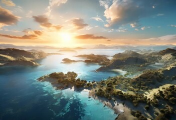Fototapeta premium Aerial view of a serene coastal landscape at sunset, featuring a clear blue sea, lush green hills, and a distant mountain range.