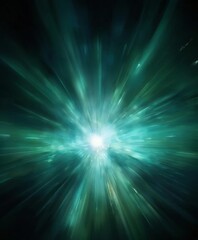 a vibrant, abstract burst of light and color, with a central bright light surrounded by radiating lines of varying shades of green and blue, creating a sense of dynamic energy and movement.
