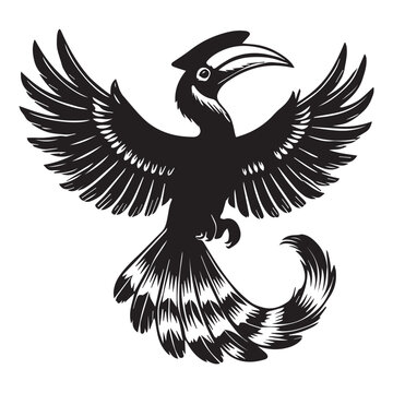 recommend clip art: Great Hornbill Bird Clipart - Great Hornbill hovering in place Vector Illustration in black and white 