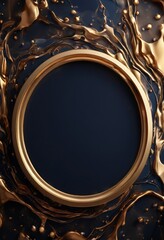 dark blue background with a gold-colored circular frame in the center, surrounded by gold-colored swirls and splashes of liquid.