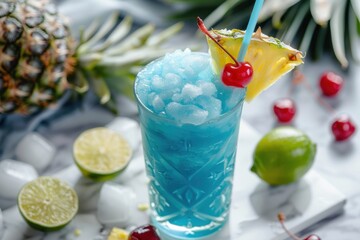 Fototapeta premium Blue Hawaiian slush with pineapple cherry lime on marble countertop straw included