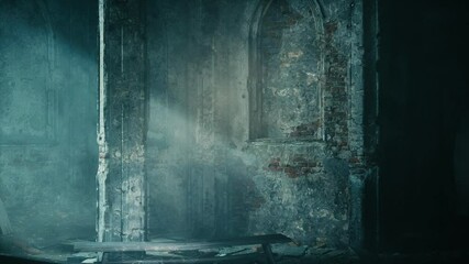 Sunlight pierces the darkness of a room in ancient monastery ruins through large windows, casting a stark contrast.