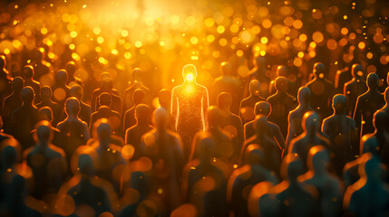 Obraz premium man with golden light. leadership concept. Leadership to lead team to the right direction, employee teamwork to help success