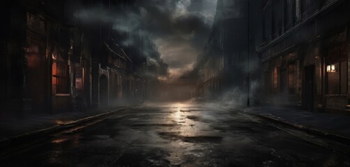 A dark, foggy alleyway with a single street lamp on the right, creating an atmospheric and mysterious scene.