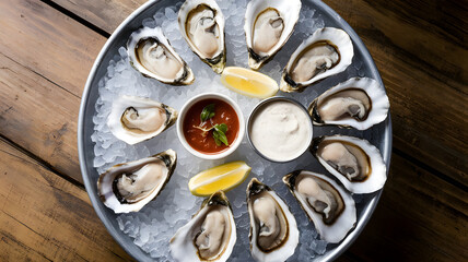 A platter of oysters on the half shell, served on a bed of crushed ice with lemon wedges, mignonette sauce, and hot sauce on the side.
