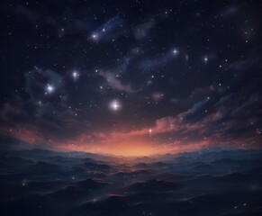 Fototapeta premium a serene night sky filled with twinkling stars, a glowing orange horizon, and a vast expanse of dark blue ocean.