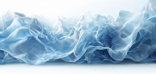 a flowing, ethereal blue fabric that appears to be made of silk or a similar material. The fabric is composed of numerous small, undulating folds and waves, creating a sense of