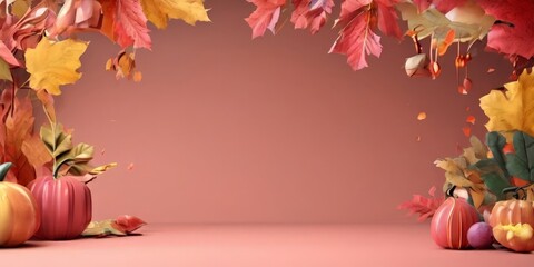 A vibrant autumn scene featuring a variety of pumpkins and leaves in shades of red, orange, and yellow, arranged against a pink background.