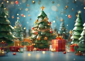 Obraz premium A festive Christmas scene with a large, ornate green Christmas tree adorned with red and gold ornaments, surrounded by smaller trees, presents, and a star on top.