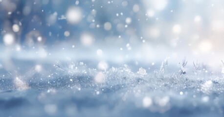 Fototapeta premium Soft, blurred snowflakes gently falling on a snowy surface, creating a serene and tranquil winter scene.