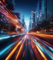 Fototapeta premium A night-time cityscape with a long exposure photograph capturing the movement of traffic and the city lights, creating a vibrant and dynamic visual effect.