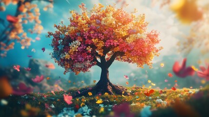 Magical Blooming Tree with Falling Petals in a Fantasy Landscape