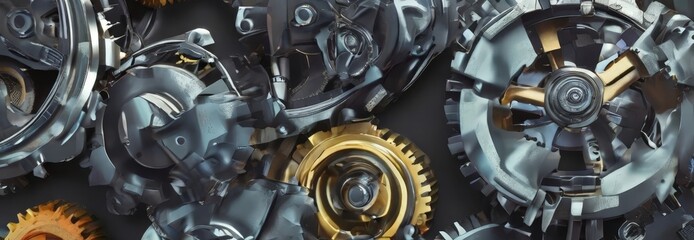 A close-up view of a complex mechanical assembly, featuring a variety of metallic gears and cogs in shades of silver, gold, and black.