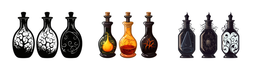 Halloween potion bottles set. Vector illustration.
