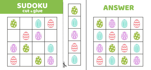 Sudoku with four cute eggs. Game puzzle for kids. Cut and glue. Cartoon