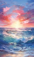 a vibrant sunset over the ocean, with a colorful sky filled with pink, orange, and blue hues. The sun is setting behind the horizon, casting a warm glow over the deep blue ocean.