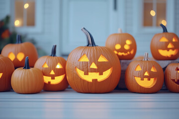 Jack-o'-Lantern Porch Glow: A spooky and festive scene of illuminated carved pumpkins lining a porch, radiating Halloween spirit. 