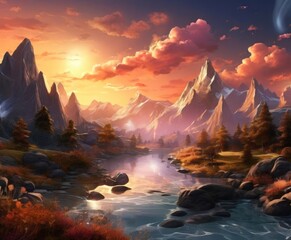 a serene mountain landscape at sunset, with a river flowing through the foreground and snow-capped peaks in the background. The sky is filled with vibrant orange and pink hues,