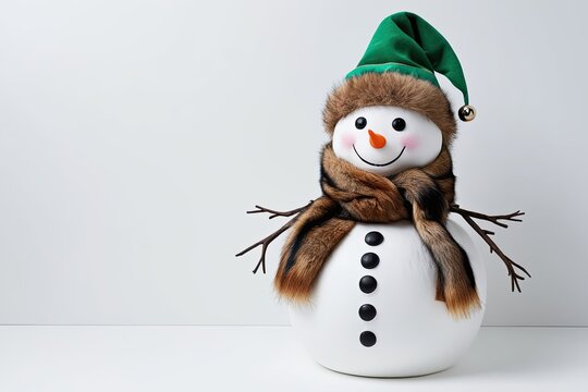 Charming Snowman with Fur Scarf and Elf Hat on Bright White Background