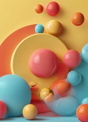 A vibrant arrangement of multicolored spheres, including red, orange, yellow, and blue, creates a dynamic and visually striking composition against a yellow background.