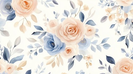 Elegant floral pattern featuring soft pink and blue roses against a light background, perfect for various design projects.