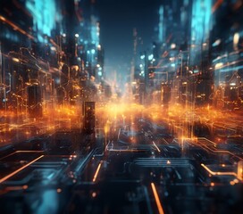 Fototapeta premium futuristic cityscape, characterized by a complex network of glowing lines and lights, creating a sense of depth and dimensionality. The city is illuminated by a myriad of colors,