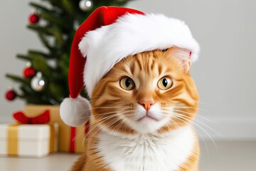 Playful Ginger Cat in Santa Hat Looking Curiously on White Background