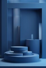 A minimalist blue stage with a circular platform and cylindrical objects, set against a dark blue background.
